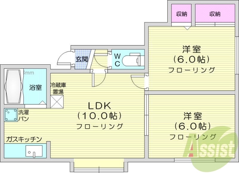 2LDK、バストイレ別、室内洗濯機置場、無料駐車場