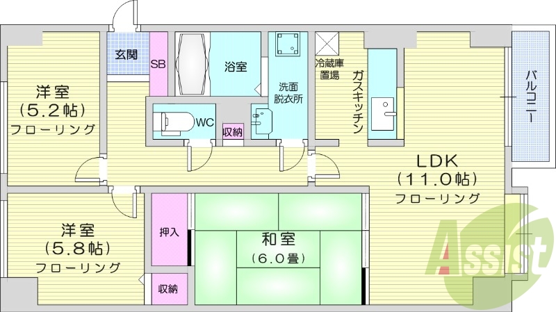 3LDK、都市ガス、独立洗面台、エレベーター