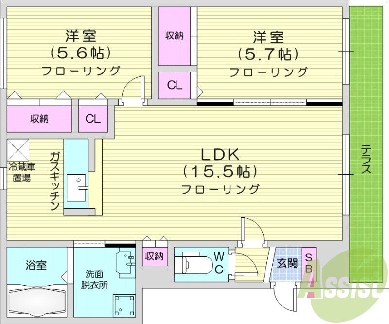 2LDK、エアコン、灯油暖房、トランクルーム