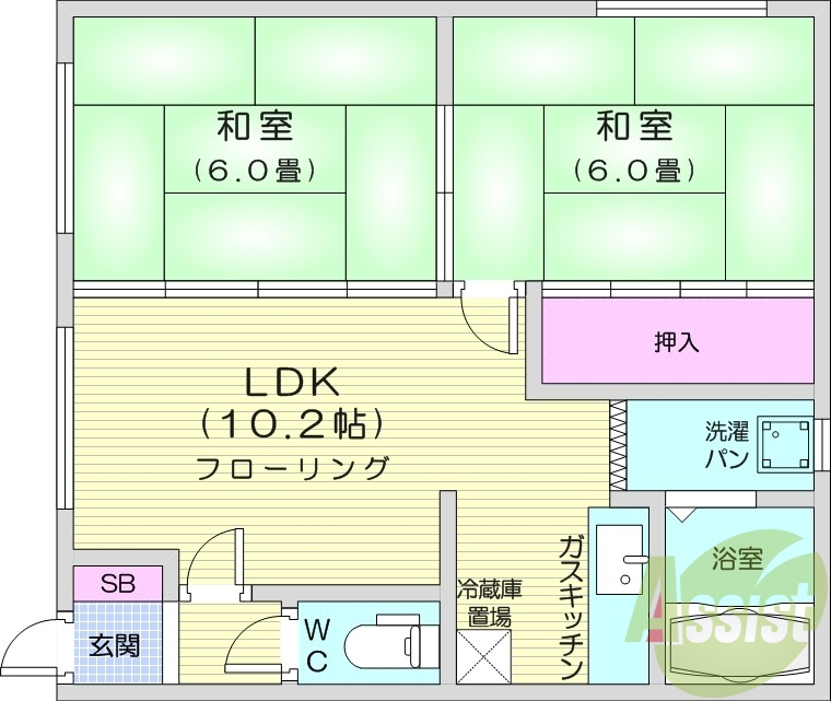 2LDK、エアコン、灯油暖房、角部屋、カメラ付きインターホン