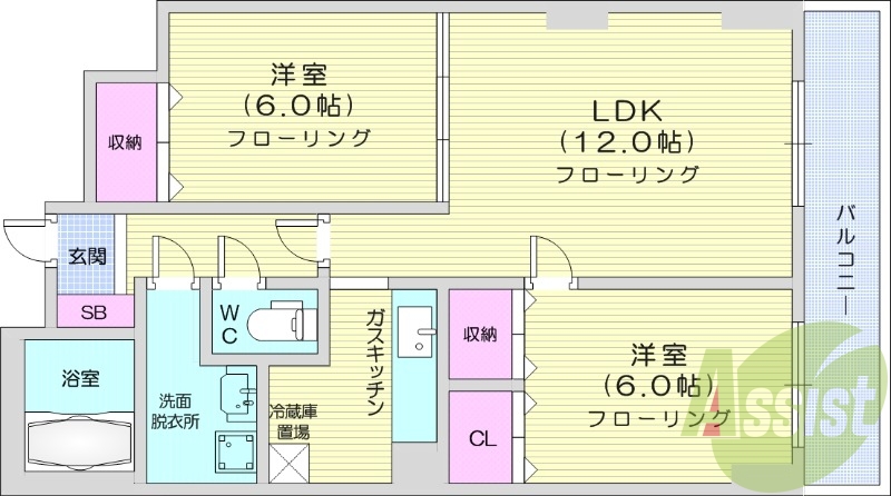 2LDK、オートロック、エアコン、シャワートイレ、バルコニー