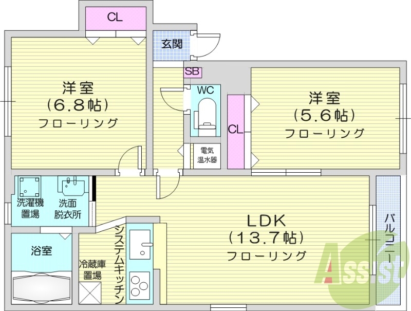 2LDK、オール電化、エアコン、独立洗面台、システムキッチン