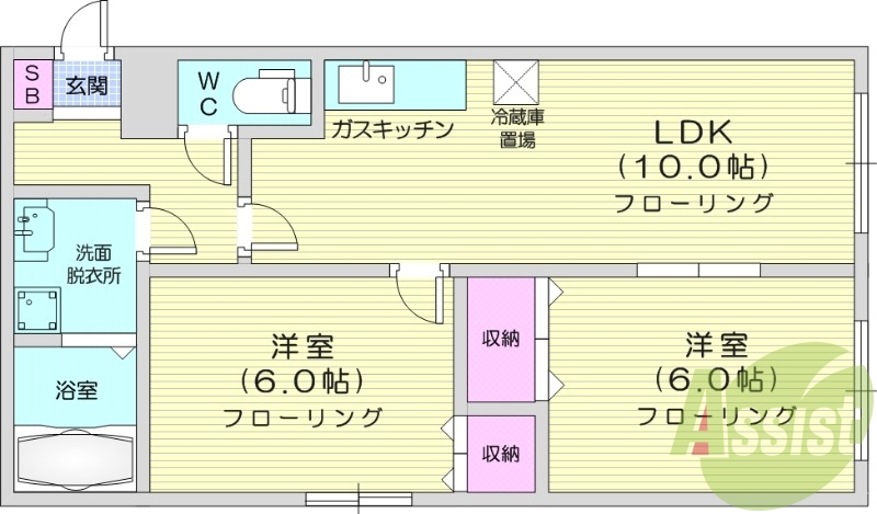 2LDK、独立洗面台、シャワートイレ、バス・トイレ別