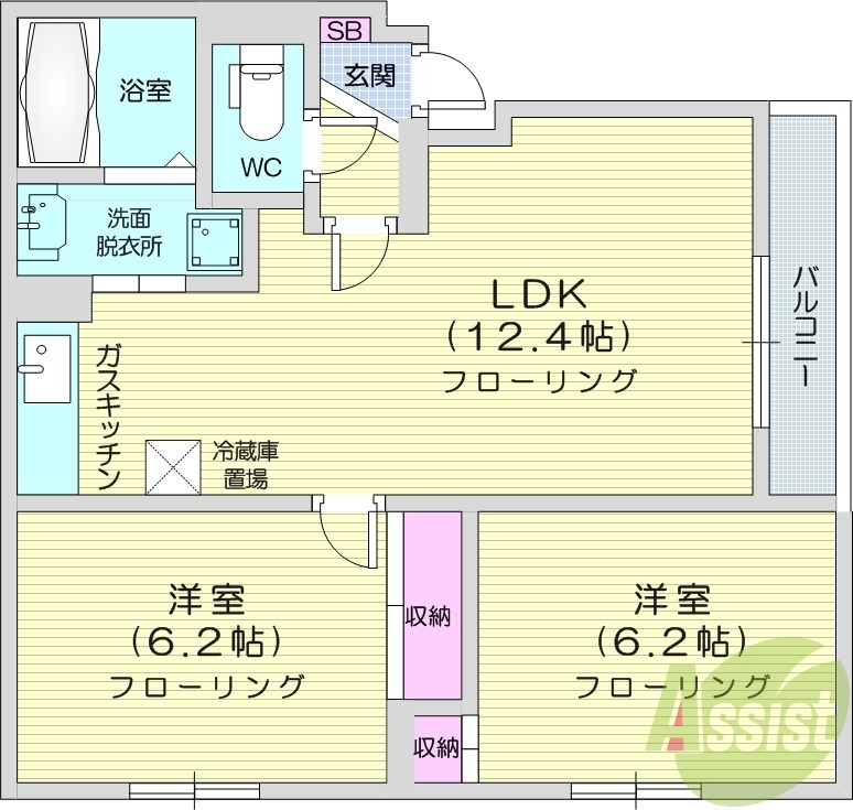 2LDK、ネット無料、独立洗面台、シャワートイレ
