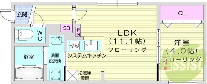 1LDK、都市ガス、システムキッチン、インターネット無料