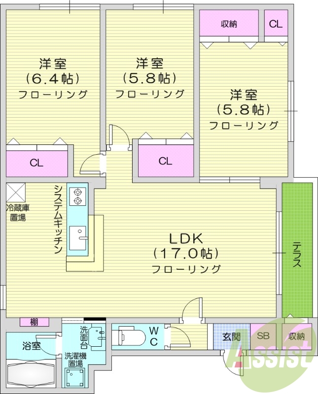 3LDK、灯油暖房システムキッチン、トランクルーム