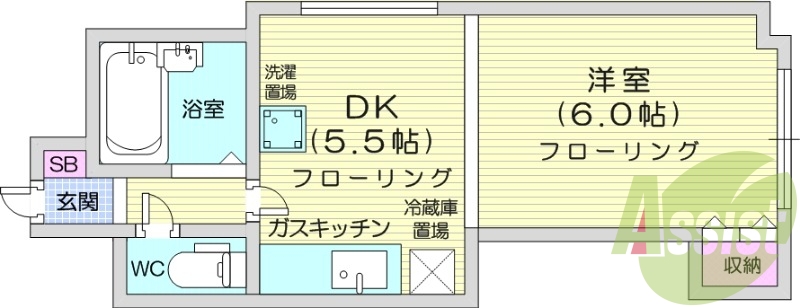 1DK、クローゼット、シューズボックス、都市ガス