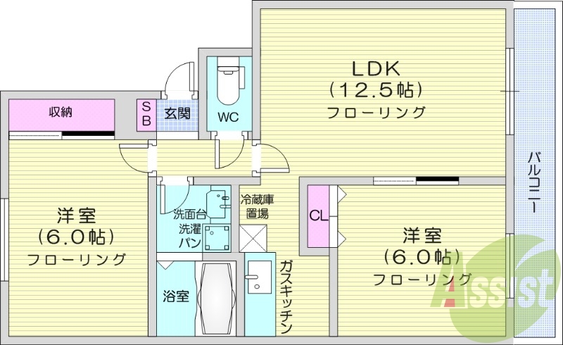 2LDK、灯油暖房、室内洗濯機置場、バストイレ別