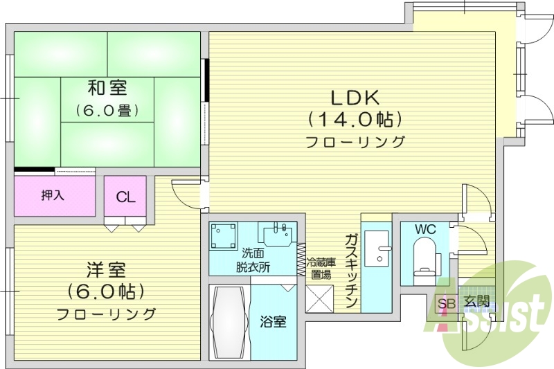 2LDK、灯油暖房、独立洗面台、バストイレ別