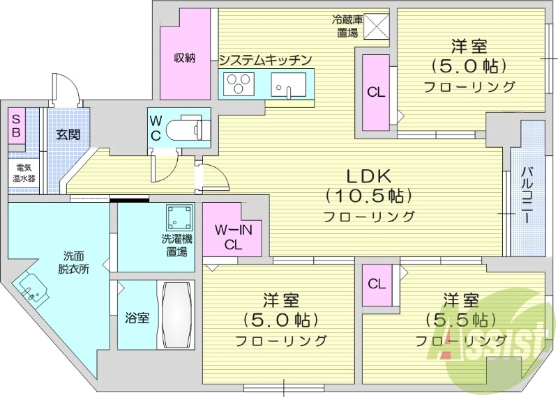 3LDK、エアコン、ペット飼育可、浴室乾燥機