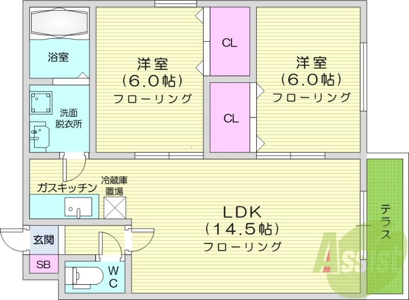 2LDK、シャワートイレ、モニタ付インターホン、灯油暖房