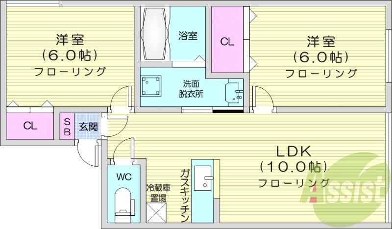 2LDK、独立洗面台、トランクルーム、灯油暖房