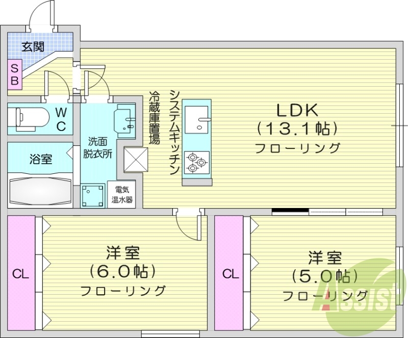2LDK、都市ガス、システムキッチン、ウォークインクロゼット