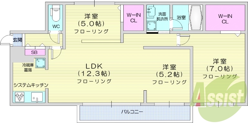 3LDK、エアコン、システムキッチン、宅配ボックス