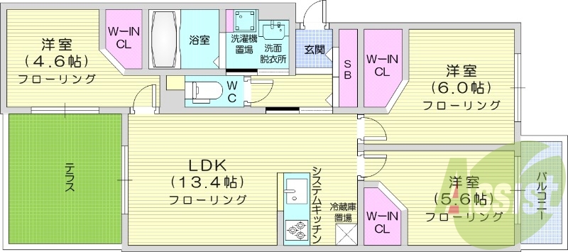 3LDK、エアコン、ガスリミット制、システムキッチン