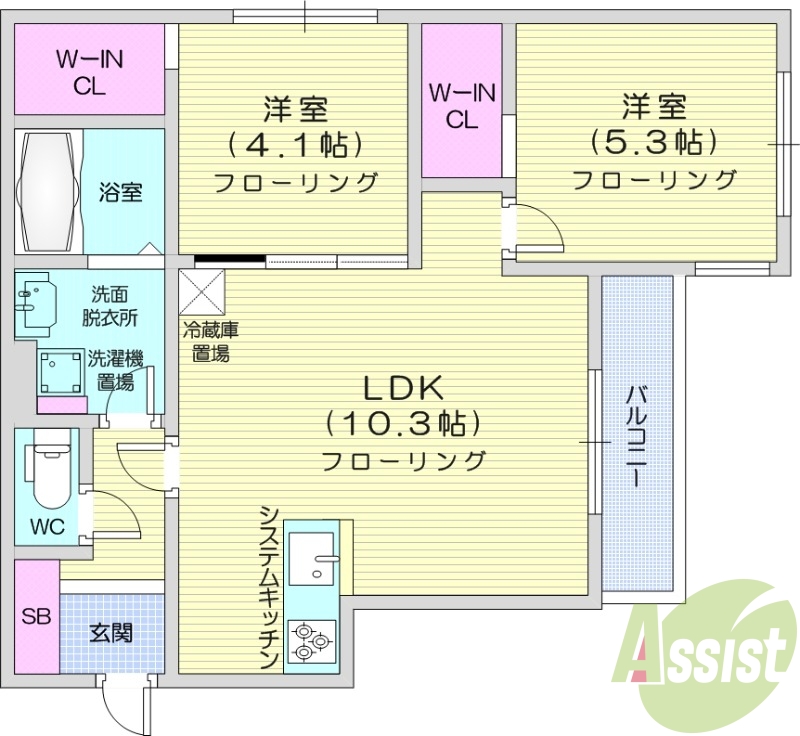2LDK、エアコン、ガスリミット制、システムキッチン