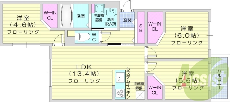 3LDK、エアコン、ガスリミット制、システムキッチン