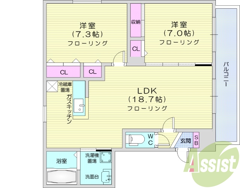 2LDK、シャワートイレ、灯油暖房、対面キッチン