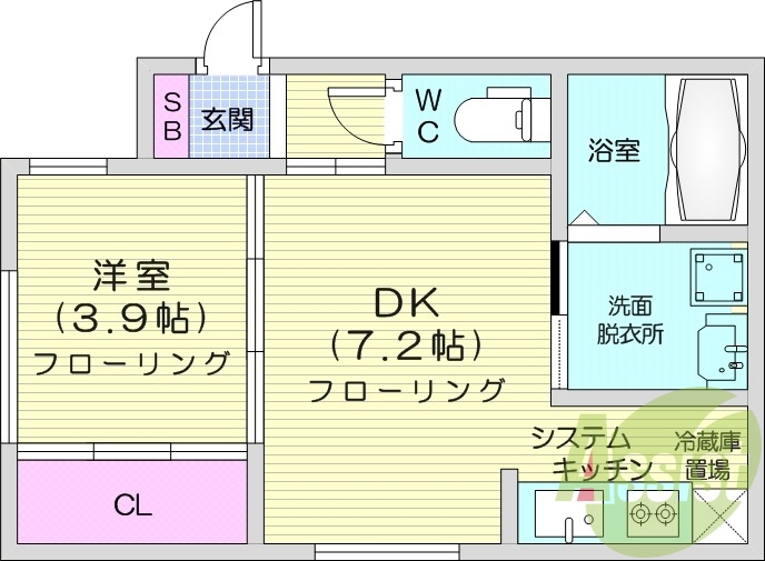 1DK、エアコン、システムキッチン、独立洗面台