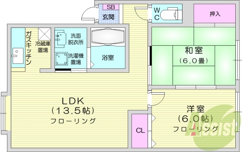 2LDK、ネット使用料不要、モニタ付インターホン