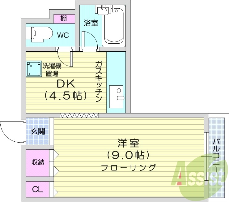 1LDK、収納、クローゼット、バルコニー、バストイレ別