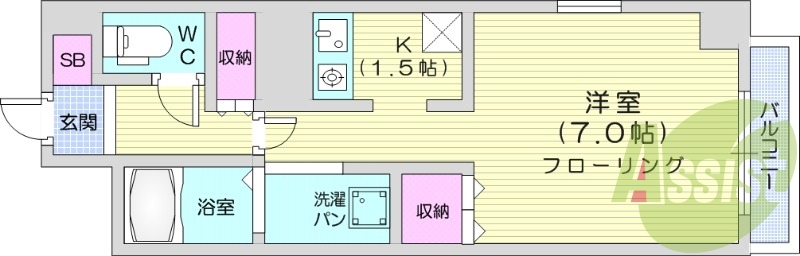 1K、収納、バルコニー、バストイレ別、ガスキッチン