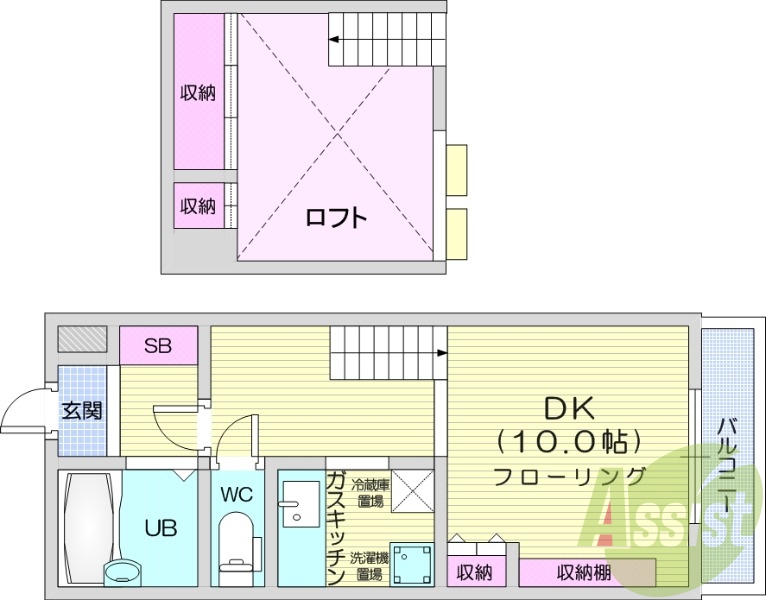 1DK、ロフト付、灯油暖房、バルコニー、ウインドウエアコン