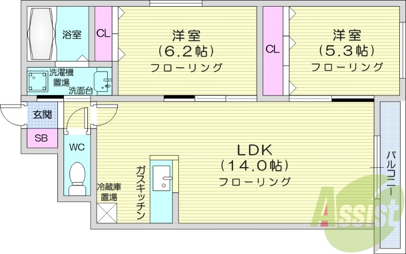 2LDK、角部屋、カウンターキッチン、エアコン