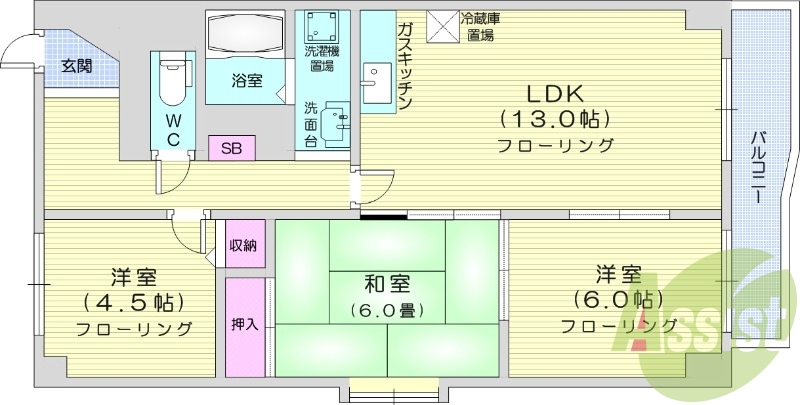 3LDK、エアコン、灯油暖房、宅配ボックス、バルコニー