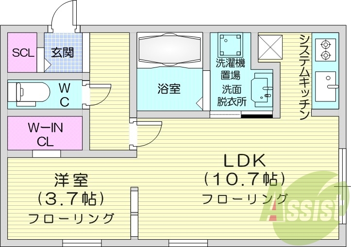 1LDK、都市ガス、エアコン、システムキッチン、宅配ボックス