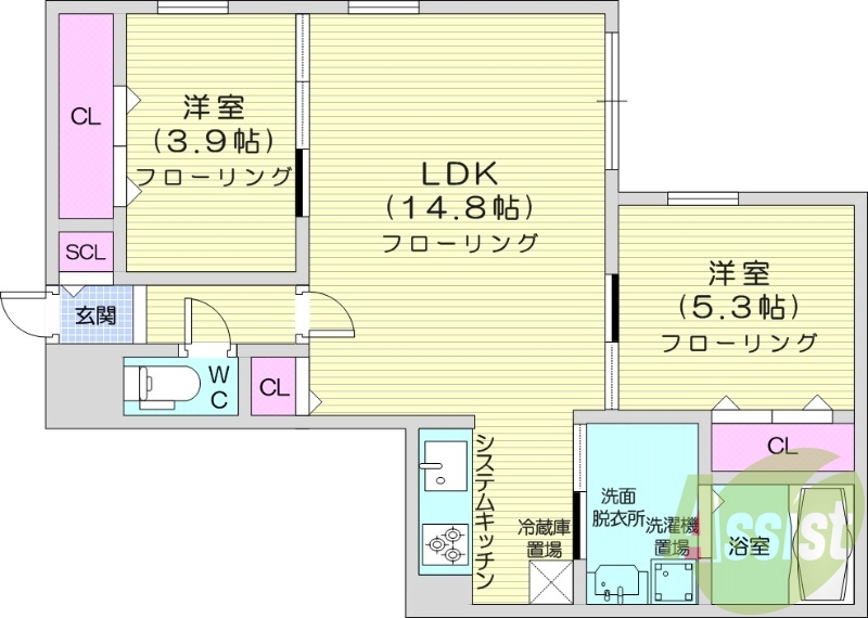 2LDK、都市ガス、エアコン、システムキッチン、宅配ボックス