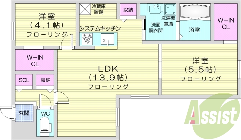 2LDK、都市ガス、エアコン、システムキッチン、宅配ボックス
