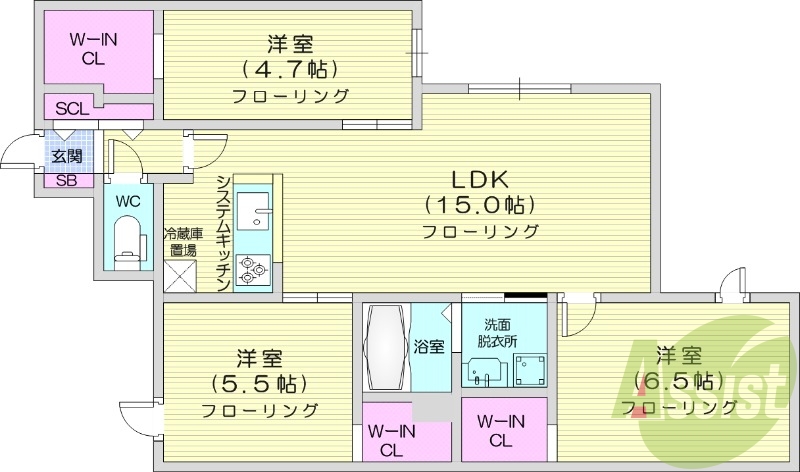 3LDK、浴室乾燥機、エアコン、インターネット無料