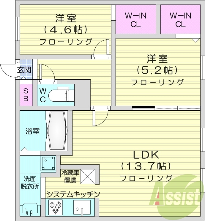 2LDK、浴室乾燥機、エアコン、インターネット無料