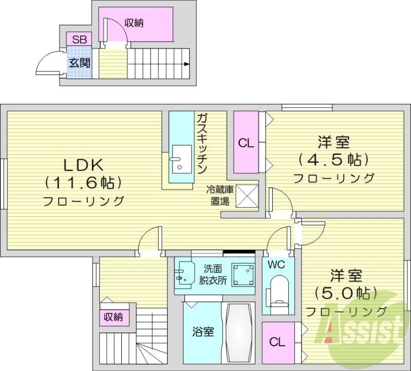 2LDK、対面キッチン、モニター付きインターホン