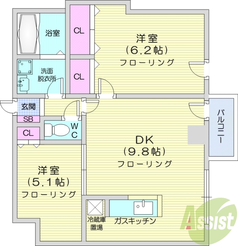 2LDK、オートロック、カウンターキッチン