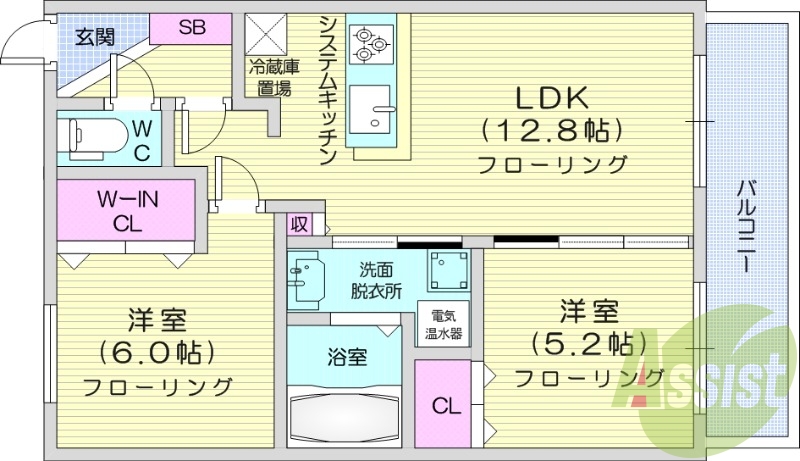 2LDK、都市ガス、対面システムキッチン、追い焚き