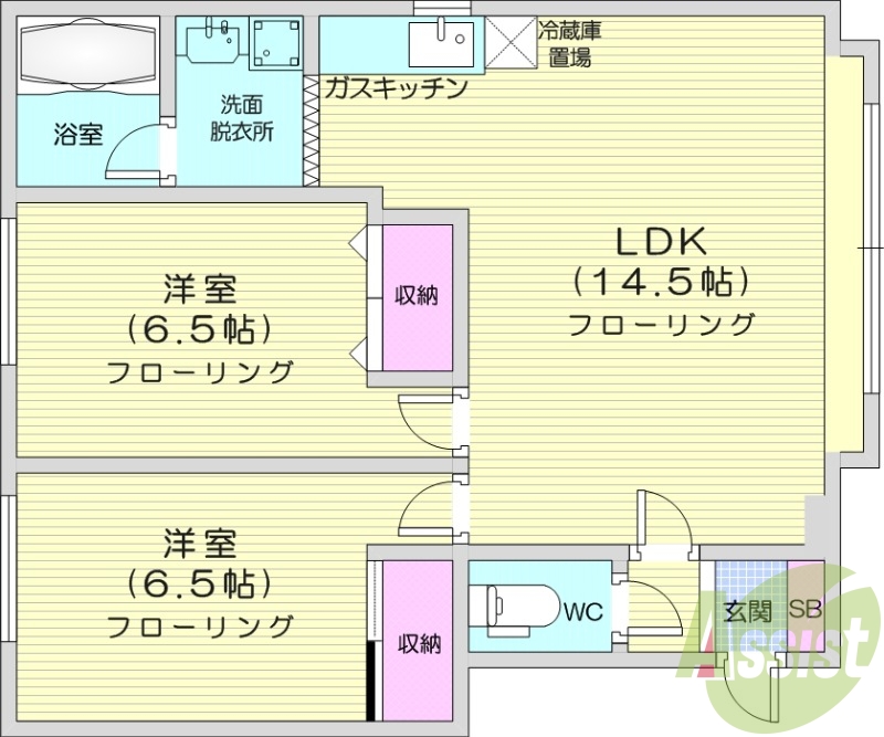 2LDK、独立洗面台、バストイレ別、室内洗濯機置場