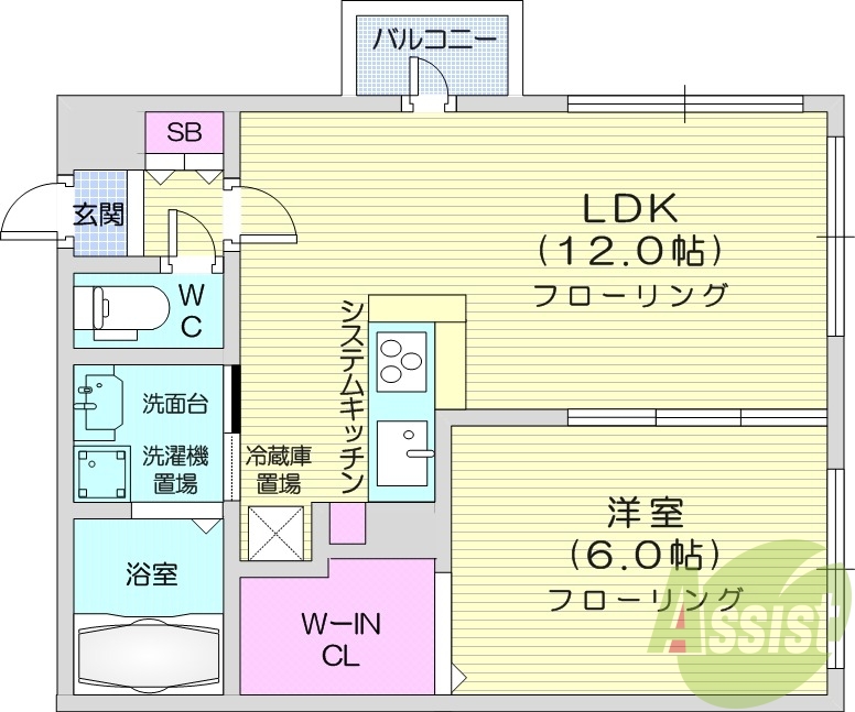 1LDK、エアコン、システムキッチン、TVインターフォン