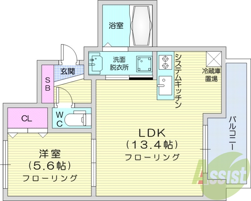 1LDK、エアコン、灯油暖房、システムキッチン