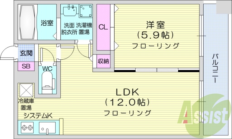 1LDK、オートロック、エアコン、システムキッチン