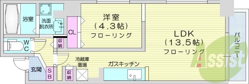 1LDK、角部屋、オートロック、風呂トイレ別