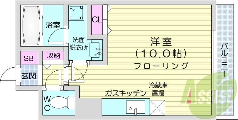 1R、エアコン、独立洗面台、ガス暖房、