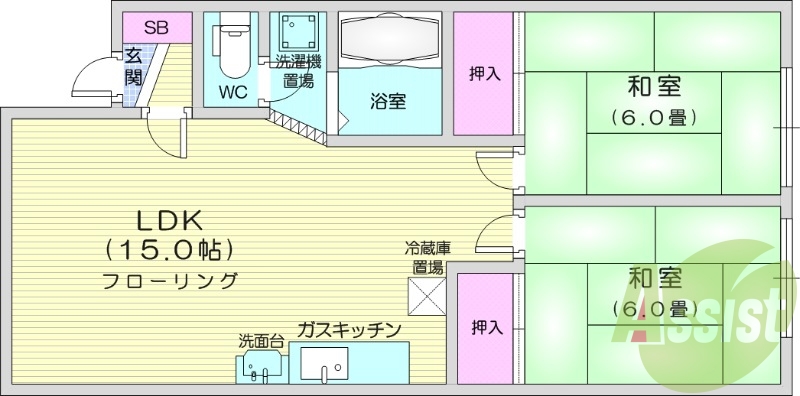 2LDK、エアコン、灯油暖房、灯油給湯、トランクルーム