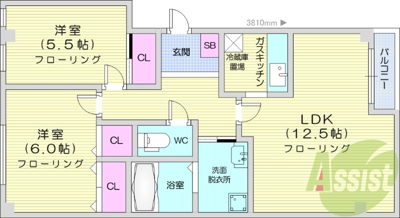 2LDK、カウンターキッチン、独立洗面台