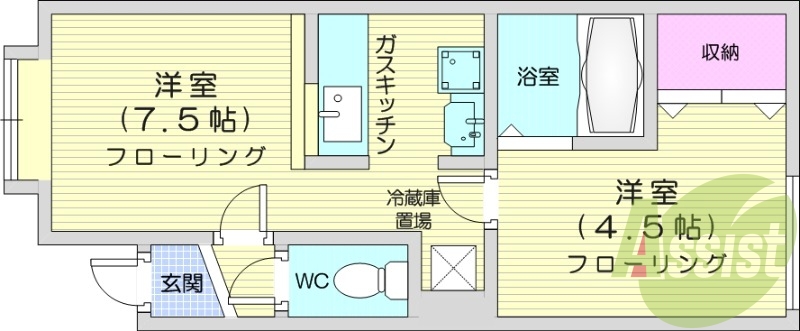 2LDK、独立洗面台、ネット使用料無料、バストイレ別