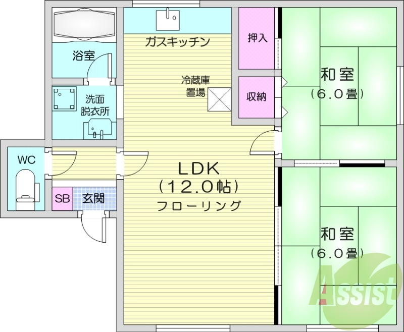2LDK、灯油暖房、風呂トイレ別、シャンプードレッサー