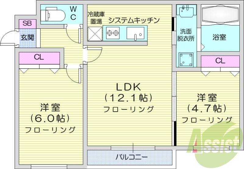 2LDK、エアコン、都市ガス、ネット無料