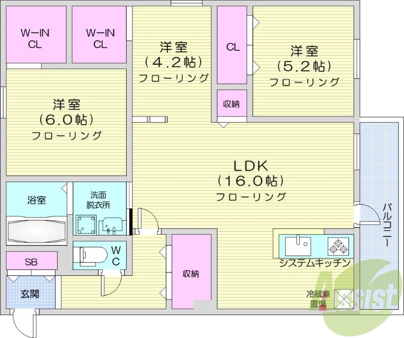 3LDK、エアコン、都市ガス、システムキッチン