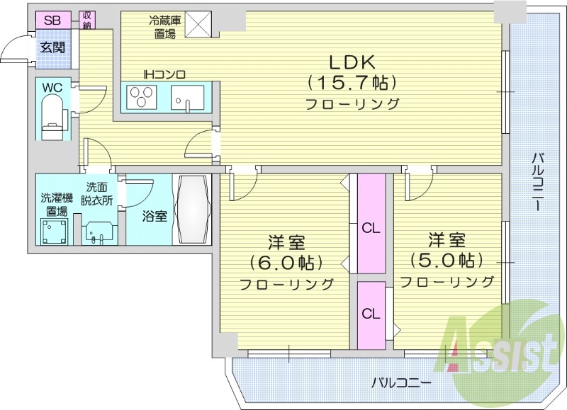 2LDK、オートロック、オール電化、バストイレ別